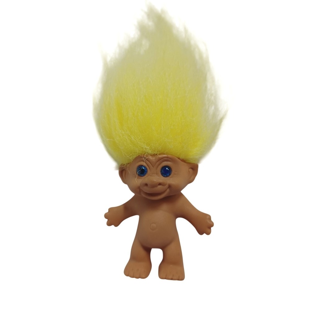 Vintage Russ Berrie Nude 2.5" Troll Doll Bright Yellow Hair and Blue Eyes 1980s
